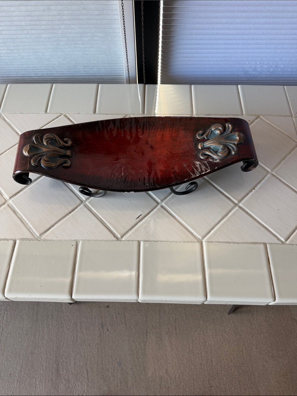 Decorative Red-Brown Metal and Wood Accent Tray - Unbranded. Fleur- de- lis